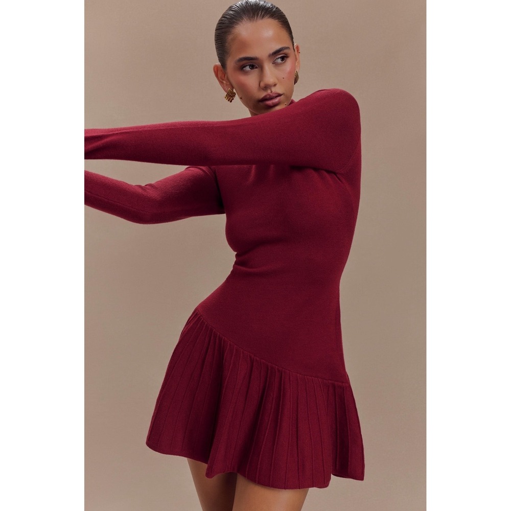 MESHKI Blair Long Sleeve Knit Pleated Mini Dress Burgundy - Size S / NWOT - Picture 3 of 9